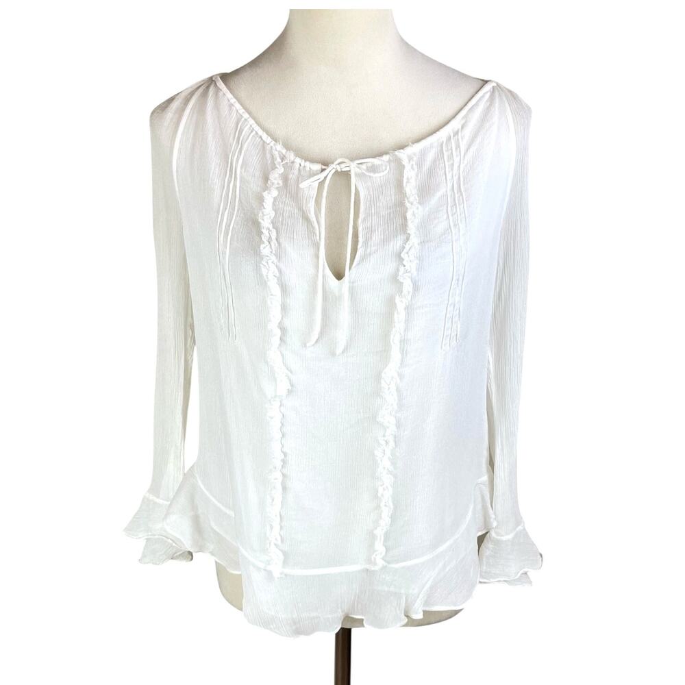 Diane Von Furstenberg White Sheer Silk Long Sleeve Tie Up Keyhole Neck Blouse